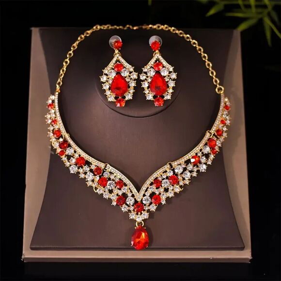 Unbranded Accessories - Elegant Rhinestone Red Jewelry Set with V-Shaped Necklace & Dangled Earrings